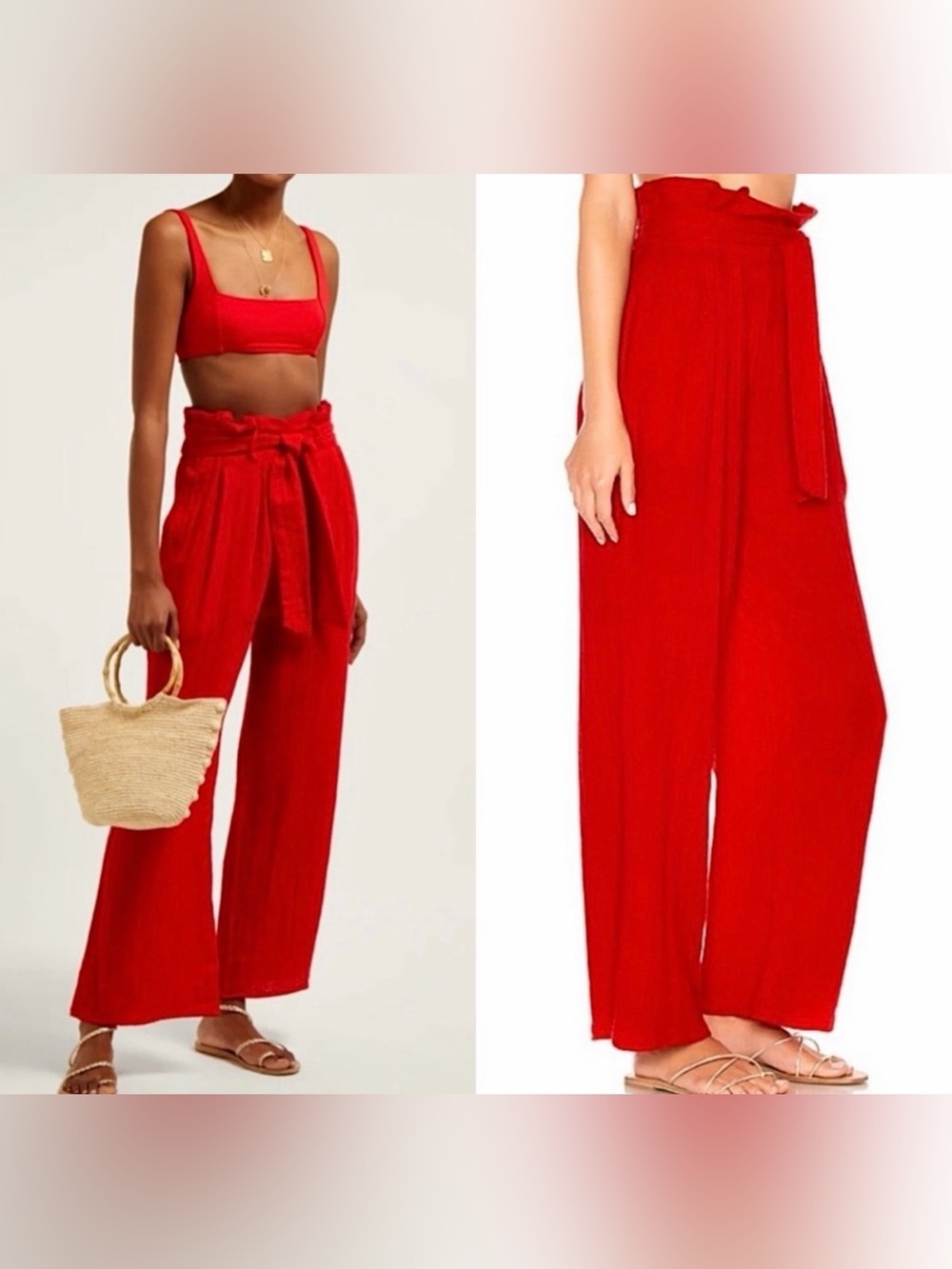 MARA HOFFMAN Cherry Cotton Gauze High Rise Pleated Tie Waist Wide Leg Pants